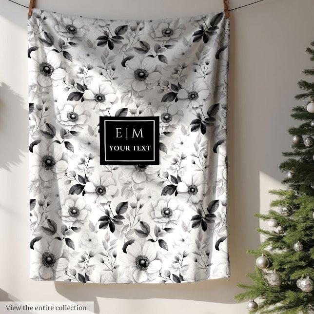 Chic monochrome floral blanket with custom name (Chic black and white floral blanket with monogram)