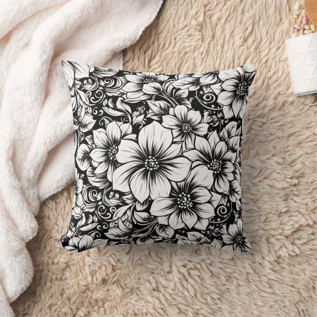 Chic Monochrome Floral Luxury Pattern (1) Cushion (Blanket)