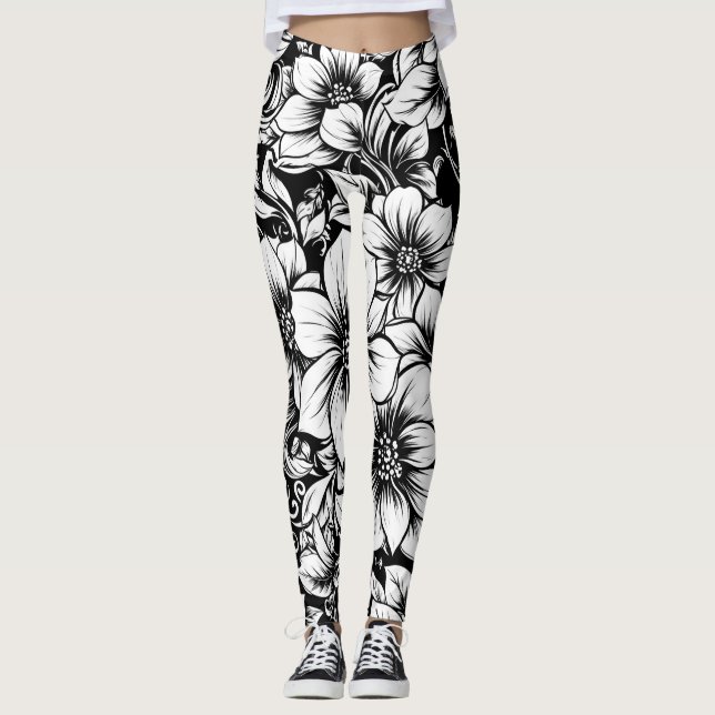 Chic Monochrome Floral Luxury Pattern (1) Leggings (Front)