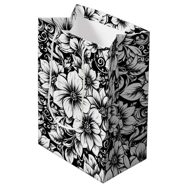 Chic Monochrome Floral Luxury Pattern (1) Medium Gift Bag (Front Angled)