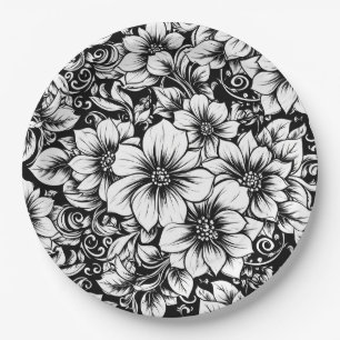 Chic Monochrome Floral Luxury Pattern (1) Paper Plate