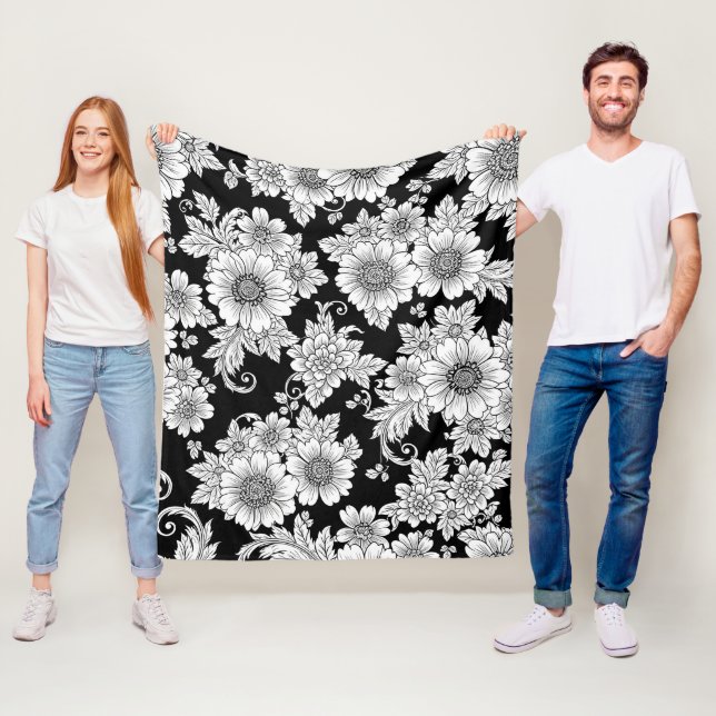 Chic Monochrome Floral Luxury Pattern (2) Fleece Blanket (In Situ)