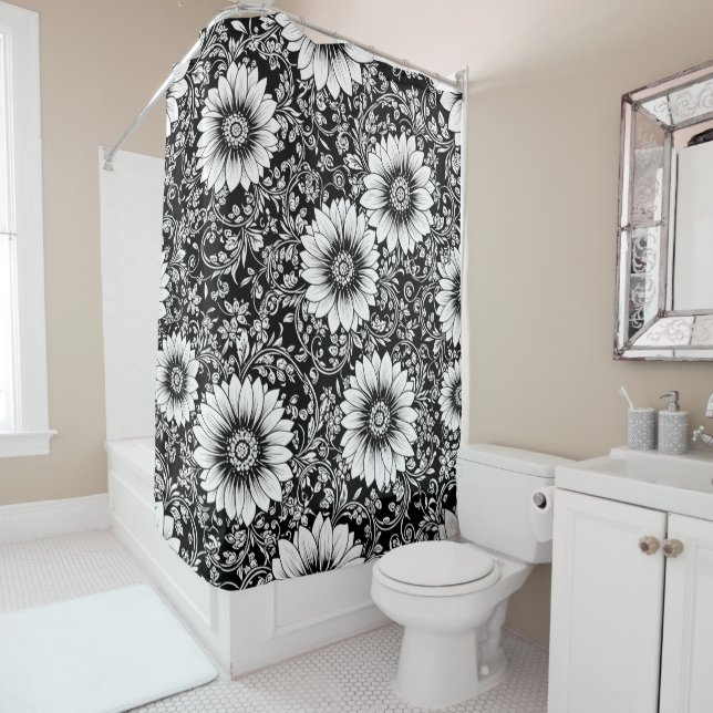 Chic Monochrome Floral Luxury Pattern (5) Shower Curtain (In Situ)