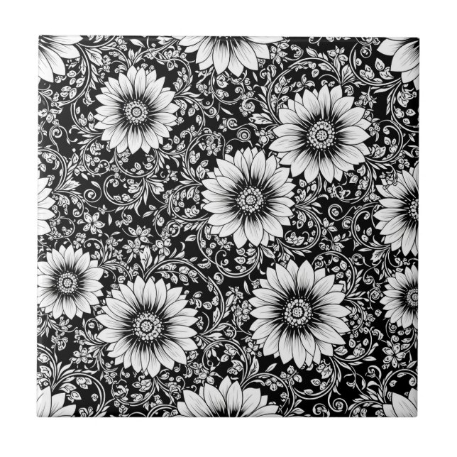 Chic Monochrome Floral Luxury Pattern (5) Tile (Front)