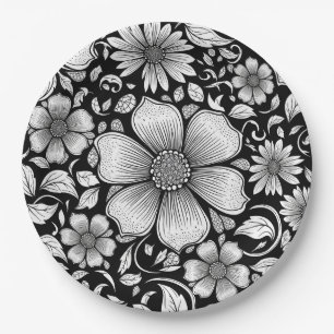 Chic Monochrome Floral Luxury Pattern (6) Paper Plate