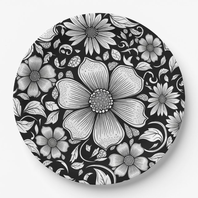 Chic Monochrome Floral Luxury Pattern (6) Paper Plate (Front)