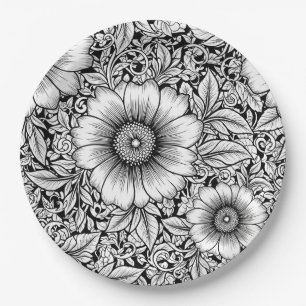 Chic Monochrome Floral Luxury Pattern (7) Paper Plate