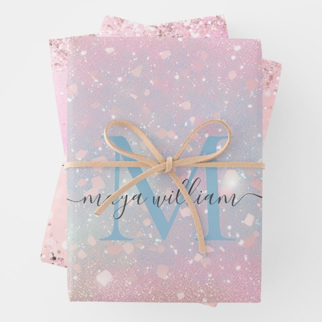 Chic Monogram 3 Colour Glitter Pink  Wrapping Paper Sheet (In situ)