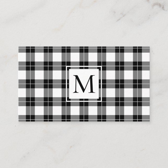 Chic Monogram Black and White Plaid Pattern Business Card (Front)