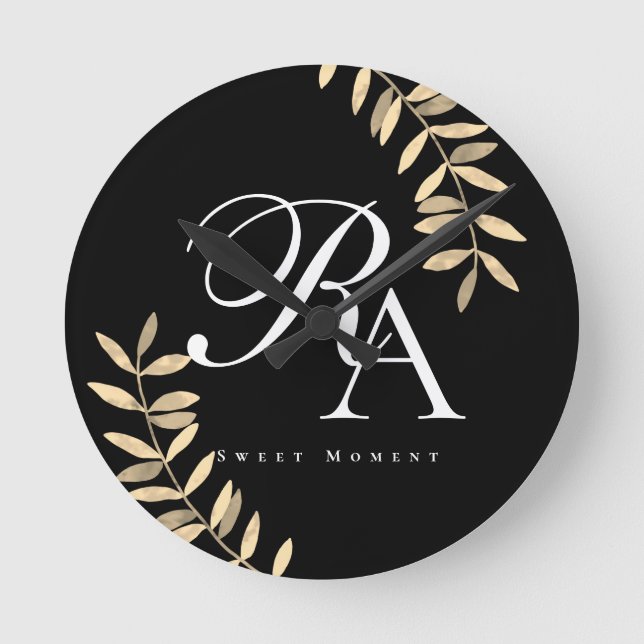 Chic Monogram Black Round Clock (Front)