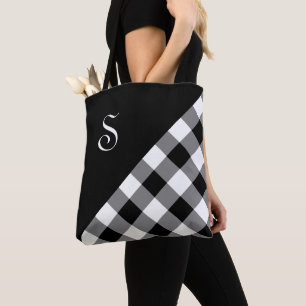 Chic Monogram Black White Buffalo Check Geometric Tote Bag