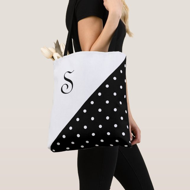 Chic Monogram Black White Geometric Polka Dot Tote Bag (Close Up)
