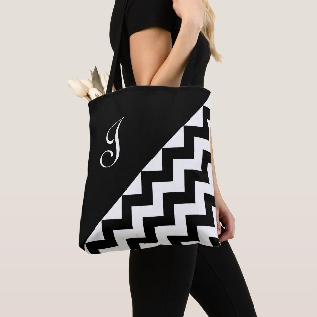 Chic Monogram Black White Geometric Zigzag Pattern Tote Bag (Close Up)