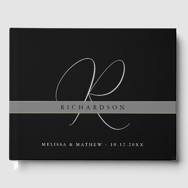 Chic Monogram Black White Grey Wedding Guest Book (Front)