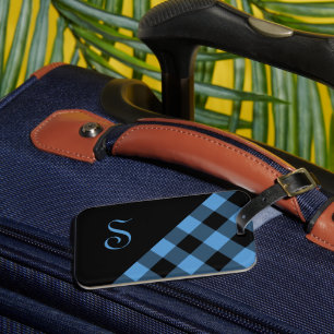 Chic Monogram Blue Black Buffalo Check Geometric Luggage Tag