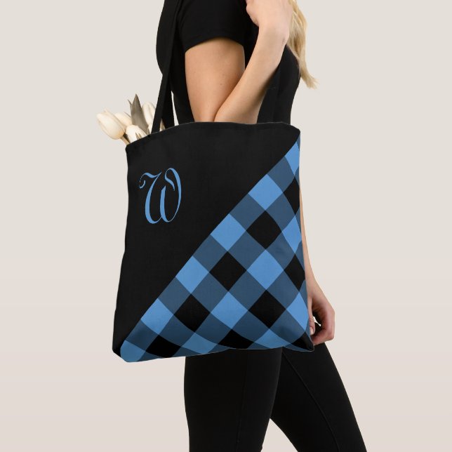 Chic Monogram Blue Black Buffalo Check Geometric Tote Bag (Close Up)