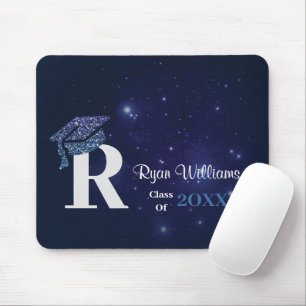 Chic Monogram Blue Glitter Cap Graduation Party Mouse Mat
