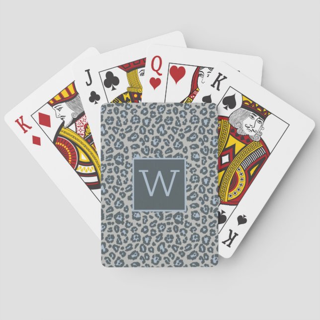 Chic Monogram Blue Grey Leopard Print Pattern Playing Cards (Back)