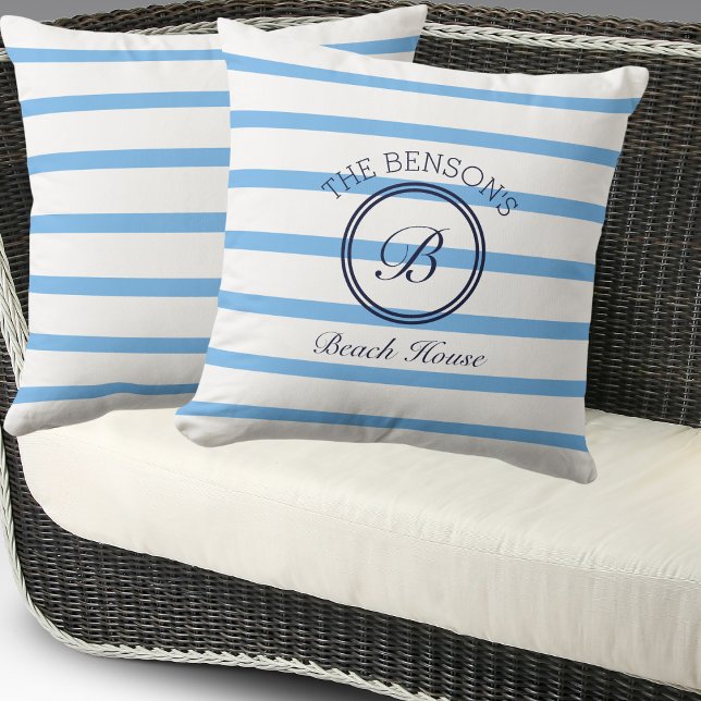 Chic Monogram Blue Stripes Family Name Beach House Cushion (Creator Uploaded)