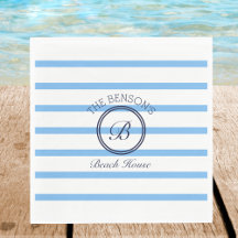 Chic Monogram Blue Stripes Family Name Beach House