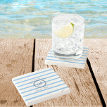 Chic Monogram Blue Stripes Family Name Beach House Stone Coaster<br><div class="desc">Personalise this Chic Monogram Light Blue and White Stripes Coaster with your Monogram and Family Name,  and give your Beach House Coasters a Unique,  Stylish Touch.</div>