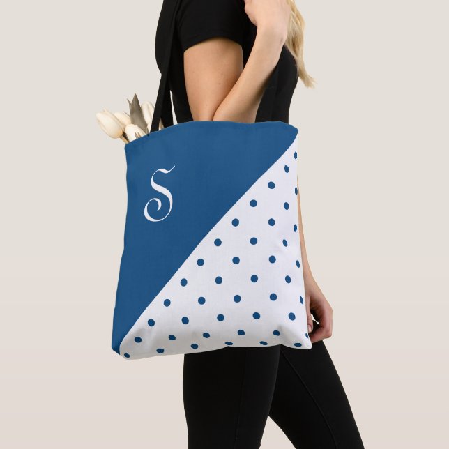 Chic Monogram Blue White Polka Dot Geometric Tote Bag (Close Up)