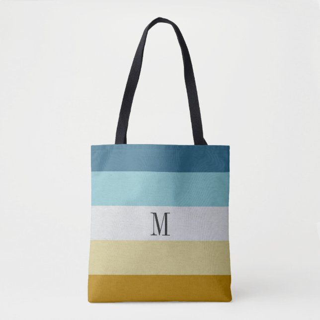 Chic Monogram Blue Yellow White Leather Stripe Tote Bag (Front)