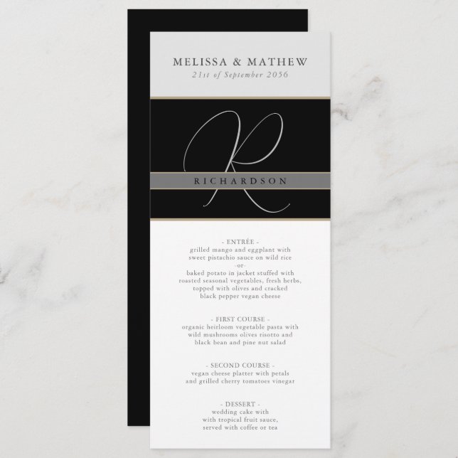 Chic Monogram Charcoal Black Grey White Wedding Menu (Front/Back)
