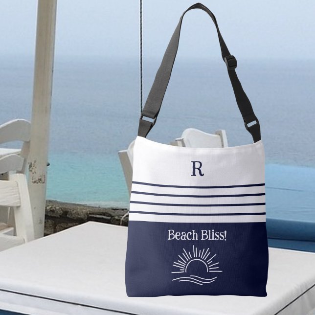 Chic Monogram Coastal Navy Blue Stripes Beach Crossbody Bag (Creator Uploaded)