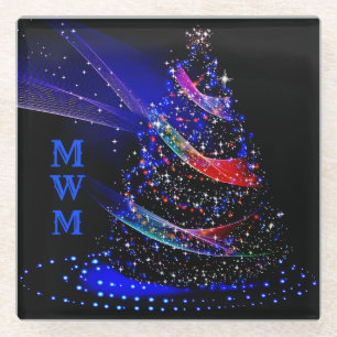 Chic Monogram Colours Glitter Christmas Tree Navy Glass Coaster