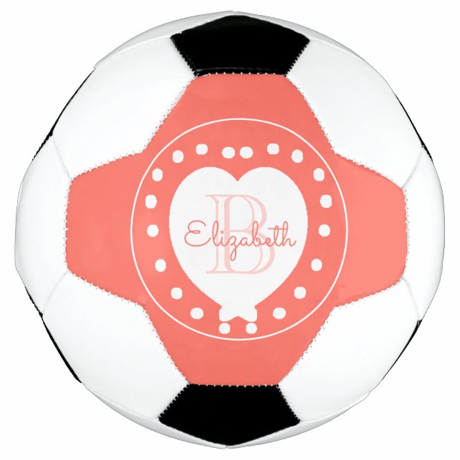 Chic Monogram Coral Girly White Heart Template Football (Front)