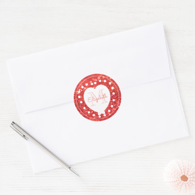 Chic Monogram Coral Glitter Bokeh White Heart Classic Round Sticker (Envelope)