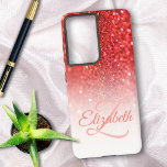 Chic Monogram Coral Glitter Ombre First Name Samsung Galaxy Case<br><div class="desc">This chic ombre design features a coral glitter background with custom name and initial letter monogram. Personalise the case in the text fields with a name and initial,  remove both or one or edit using the design tool to select a font style,  size,  and colour you like.</div>