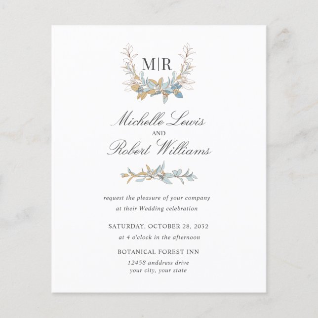 Chic Monogram Crest Gold blue floral Photo wedding (Front)