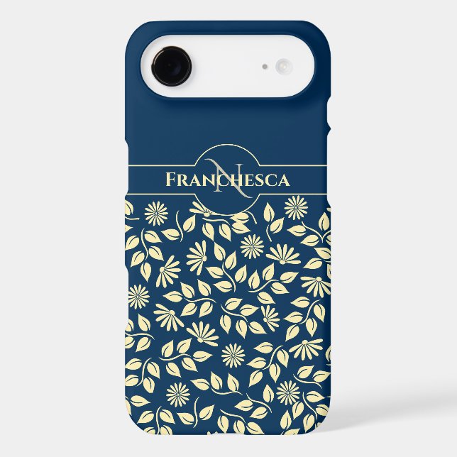 Chic Monogram Custom Name Leaves Daisies Blue (Back)