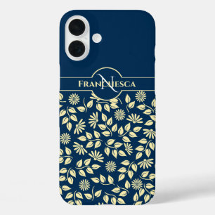 Chic Monogram Custom Name Leaves Daisies Blue iPhone 16 Plus Case