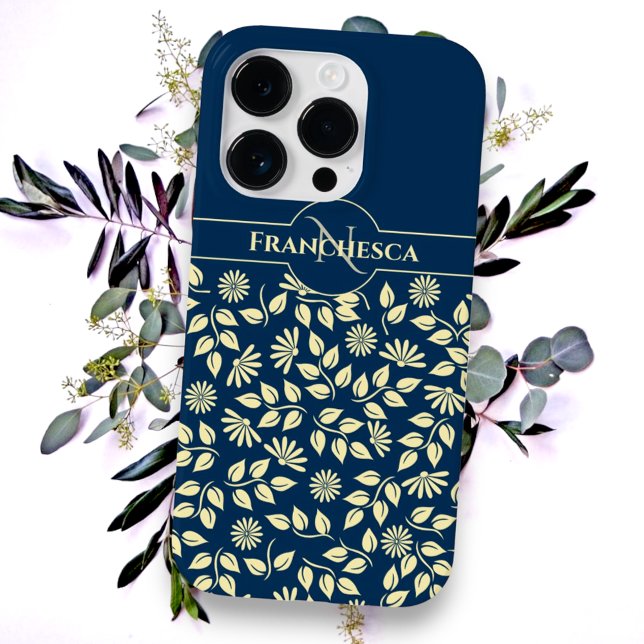 Chic Monogram Custom Name Leaves Daisies Blue Case-Mate iPhone Case (back cover of retro daisy and leaf iPhone case design)