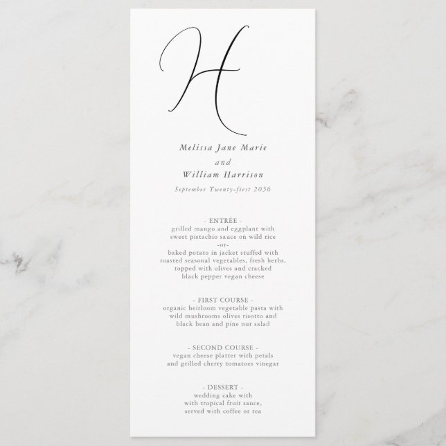 Chic Monogram Elegant Classic Black White Wedding Menu (Front)