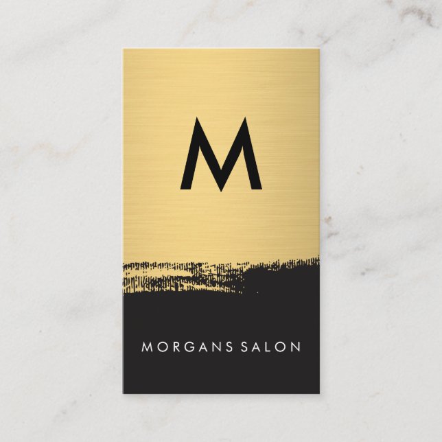 Chic Monogram Faux Metallic Gold Brushed Black Business Card (Front)