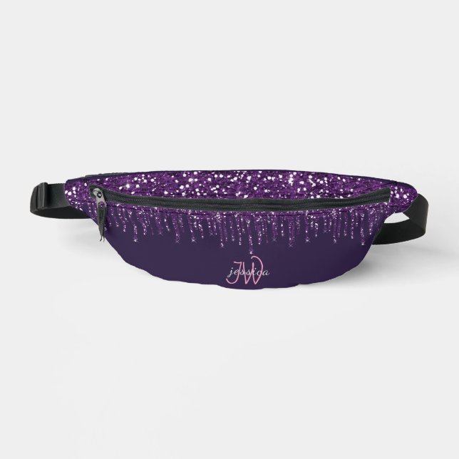 Chic Monogram Girly Hot Purple Glitter Drips  Bum Bags (Front)