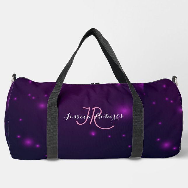 Chic Monogram Girly Hot Purple Glitter Drips Duffle Bag (Front)