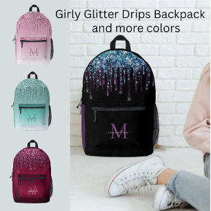 Chic Monogram Girly Hot Purple Glitter Drips Printed Backpack