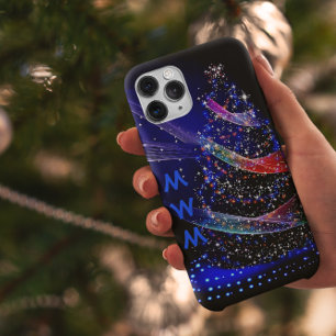 Chic Monogram Glitter Christmas Tree Navy iPhone 11 Case
