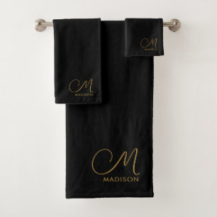Chic Monogram Gold Script Name Black Bath Towel Set