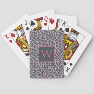 Chic Monogram Hot Pink Grey Leopard Print Pattern Playing Cards
