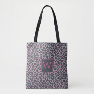 Chic Monogram Hot Pink Grey Leopard Print Pattern Tote Bag