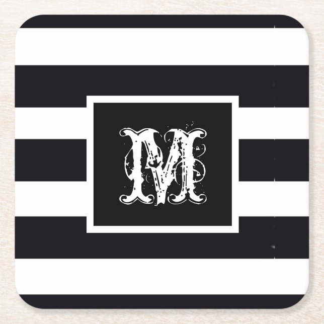  Chic Monogram Initial Cool Classy B & W Striped  Square Paper Coaster (Front)