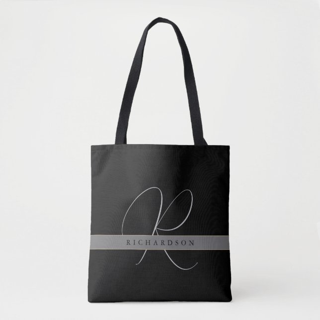 Chic Monogram Initial Name Charcoal Grey Black Tote Bag (Front)