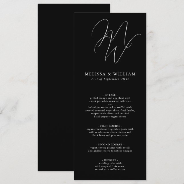 Chic Monogram Initials Black White Wedding Menu (Front/Back)