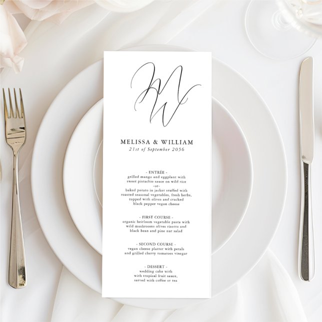 Chic Monogram Initials Black White Wedding Menu (Elegant Double Initial Monogram Wedding Menu in Black & White View the full Wedding Invitation Suite)